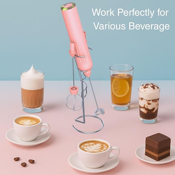 Milk Frother Handheld with 3 Stainless Steel Whisks, Rechargeable Electric Drink Mixer with Stand & Travel Case, Milk Foamer for Coffee, Latte, Cappuccino, Hot Chocolate, Egg,Jam Supplement-Pink