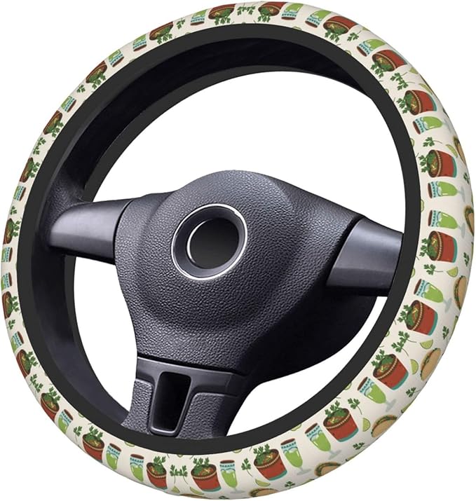 Tacos Burritos Margaritas Cilantro Neoprene Steering Wheel Covers Women Men Car Accessories, Universal 15 Inch Fit Auto, Suvs, Truck