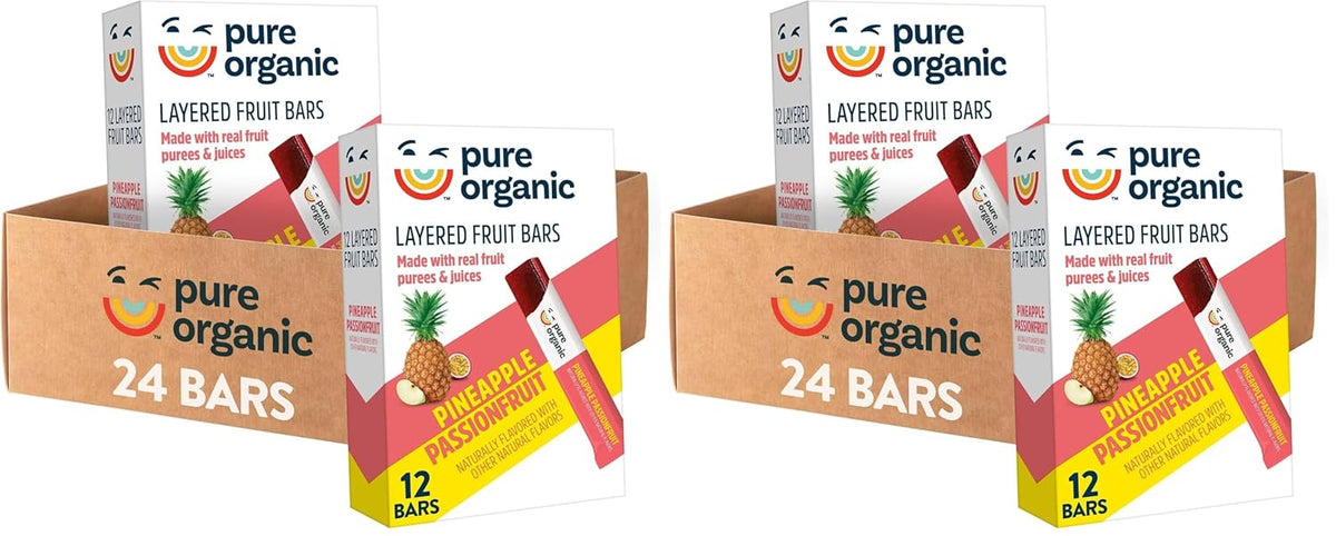 Pure Organic Layered Fruit Bars, Gluten Free, Vegan Fruit Snacks, Pineapple Passionfruit (2 Boxes, 24 Bars)