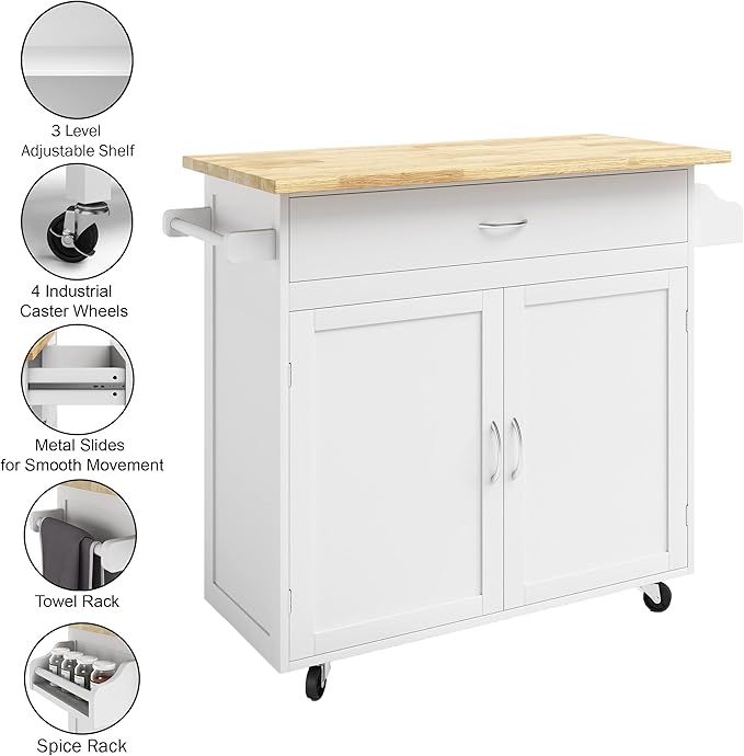 Lavish Home Kitchen Island Cart – Rolling Kitchen Table with Spice Rack, Towel Rack, Storage Drawers & Cabinet – Mobile Coffee Bar & Additional Counter Space (White)