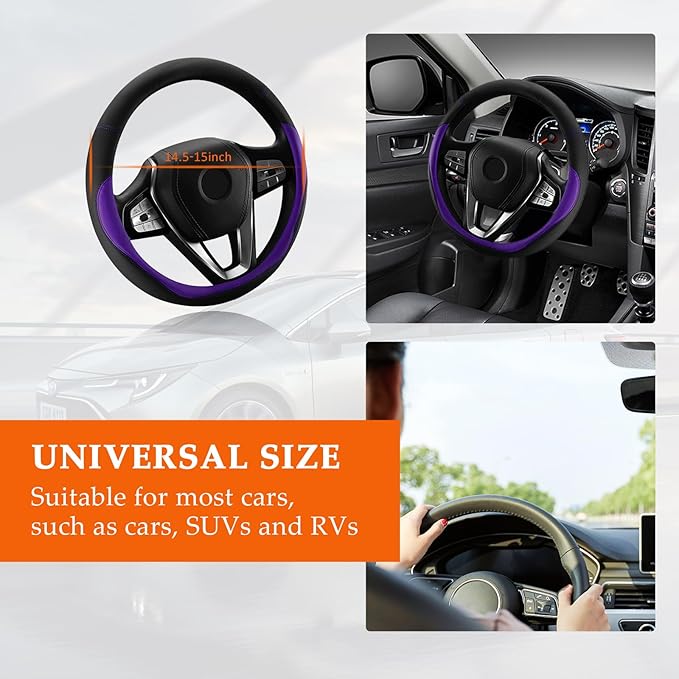 Ziciner Steering Wheel Cover, Soft Leather Premium Durable Elastic Auto Wheel Cover Protector, Stretch Breathable Anti-Slip Lining, Universal 14.5-15 inch Car Interior Accessories (Purple)