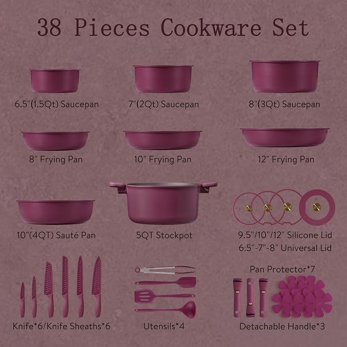 CAROTE 38-Piece Nonstick Pots and Pans Set with Knife Set, Cookware Sets with Detachable Handle, Kitchen Cooking Set - Camping Cookware, Dishwasher & Oven Safe, Induction Compatible