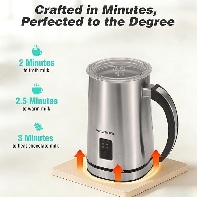 HAUSHOF Milk Frother, 4-in-1 Electric Milk Frother and Steamer, Large Capacity, Hot Chocolate Maker, Automatic Warm and Cold Foam Maker for Coffee, Latte, Macchiato, Cappuccino
