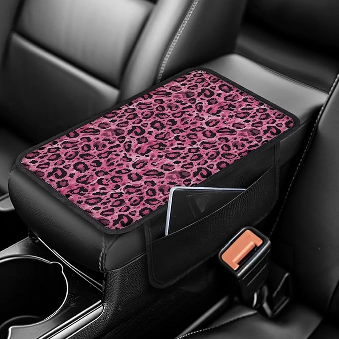 Dreaweet Purple Leopard Print Car Center Console Cover Cheetah Car Accessories Center Console Cover for Women,Universal Arm Rest Cover for Car Console Covers with Pockets for Truck Sedan SUV