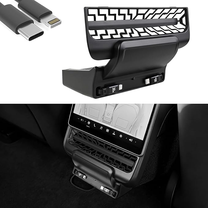 Rear USB Charger Hub for Tesla Model Y Juniper 2025,2026 Accessories- 4-Port Fast Charging Hub with Sliding Cover, Type-C+Lightning Docking Station for Tesla Model 3 Highland 2024-2026