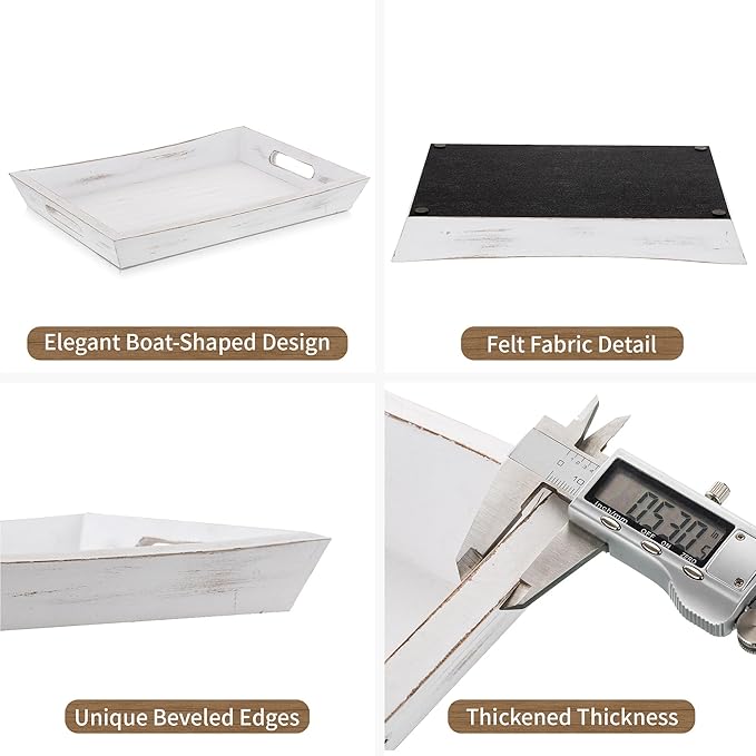 Hanobe Decorative Wooden Serving Tray: Rustic Wood Ottoman Trays for Coffee Table Rectangular Tray with Handles for Living Room Kitchen Home Decor, White