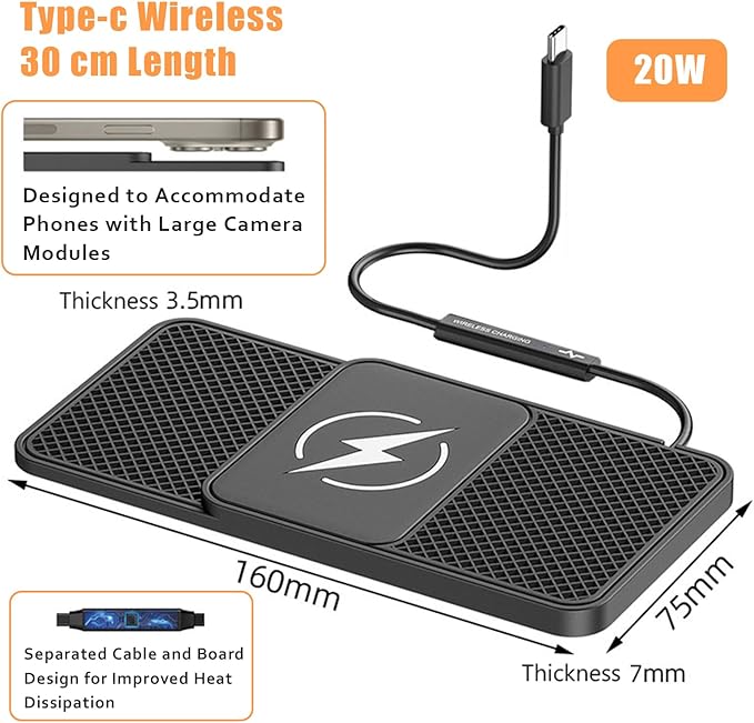 Wireless Car Phone Charger for Lexus GX460 (2010–2023), Type C/USB 20W Fast Charging Pad, Non-Slip Charging Station for Travel Home Office Desk, Lightweight,Type-C