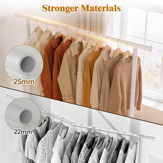 EAGMAK Sturdy Clothing Racks with Shelf, Metal Clothes Rack with Leveling Feet for Hanging Clothes, Freestanding Garment Coat Rack for Bedroom, Apartment & Small Spaces, White
