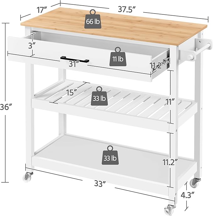 Yaheetech Kitchen Island Cart on Wheels with Bamboo Tabletop, 3-Tier Rolling Kitchen Island Microwave Cart with Drawer, Detachable Towel, 3 Hooks, 17" D x 37.5" W, White