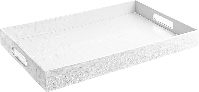 17.5"x12" White Glossy Crocodile Faux Leather Serving Tray Beautiful Modern Elegant Decorative Tray with Handles Ottoman Coffee Table Perfume Display Makeup for All Occasion's