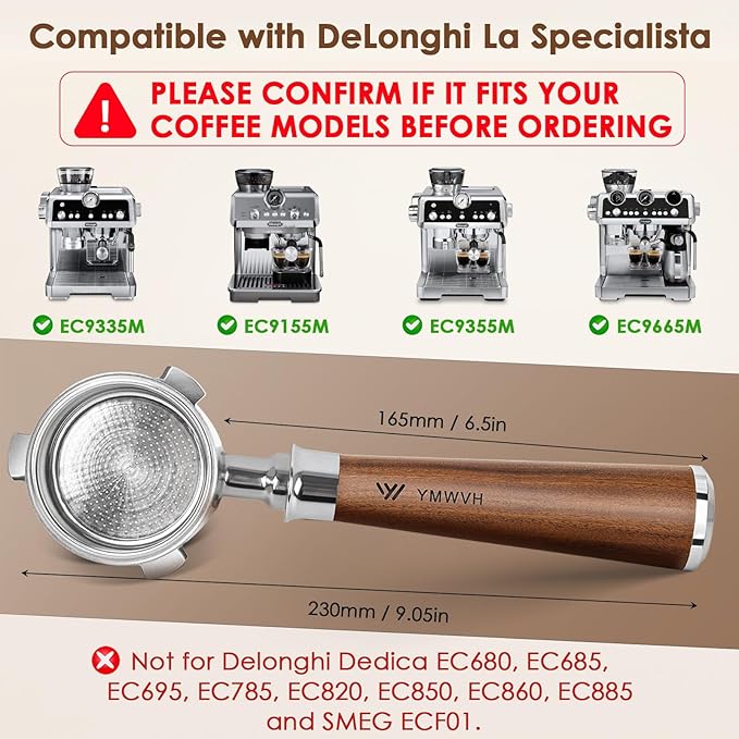 51mm Bottomless Portafilter 3 Ears Compatible with De-longhi La Specialista Coffee Espresso Machine EC9335 9155 9355 9665,100% Stainless Steel Filter Basket and Walnut Handle