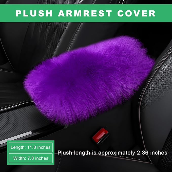 Furry Car Center Console Cover Pad, 11.8"×7.9" Auto Fluffy Plush Center Armrest Protective Cover, Comfortable Fuzzy Armrest Seat Box Protector Cushion for Cars Trucks SUVs (Purple)