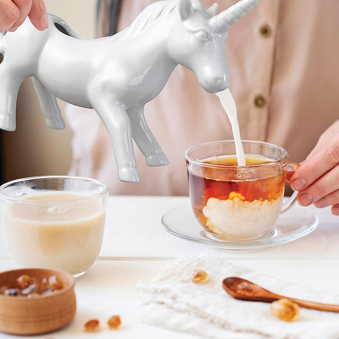HIC Kitchen Unicorn Creamer With Handle, Fine Porcelain, 4-Ounce, For Serving Milk, Cream, Syrup, Dressings, And Sauces