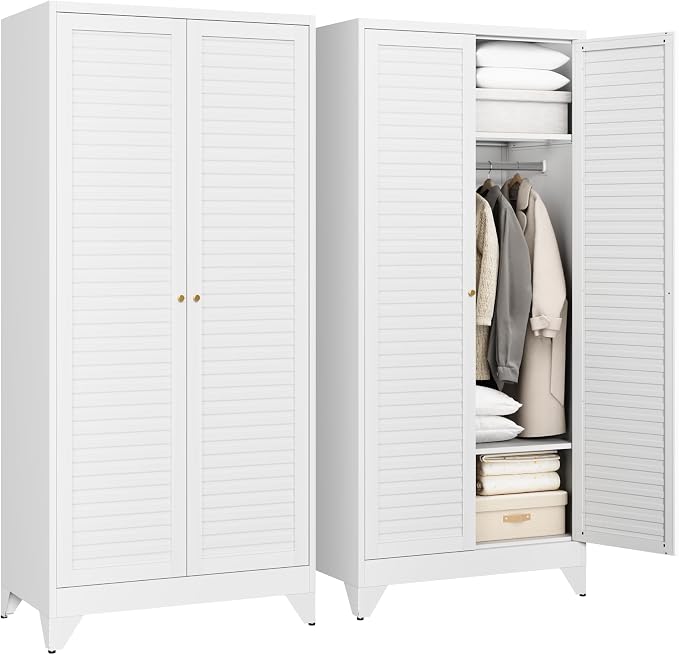Letaya Armoire Wardrobe Closet,20" Deep Metal Wardrobe Cabinet with Doors and Shelves,Hanging Rod Clothing Storage Cabinets for Home Room (White)