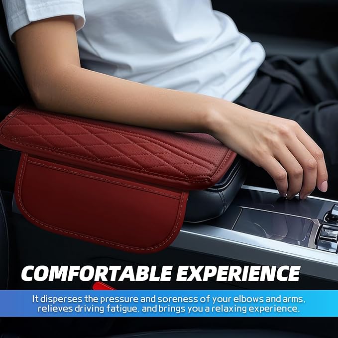 Car Center Console Cover, 11.8"×6.7" Leather Armrest Cover for Cars, Multifunctional Auto Armrest Cushion Pad with Storage Pocket, Universal Arm Rest Protector Car Accessories (Wine Red)