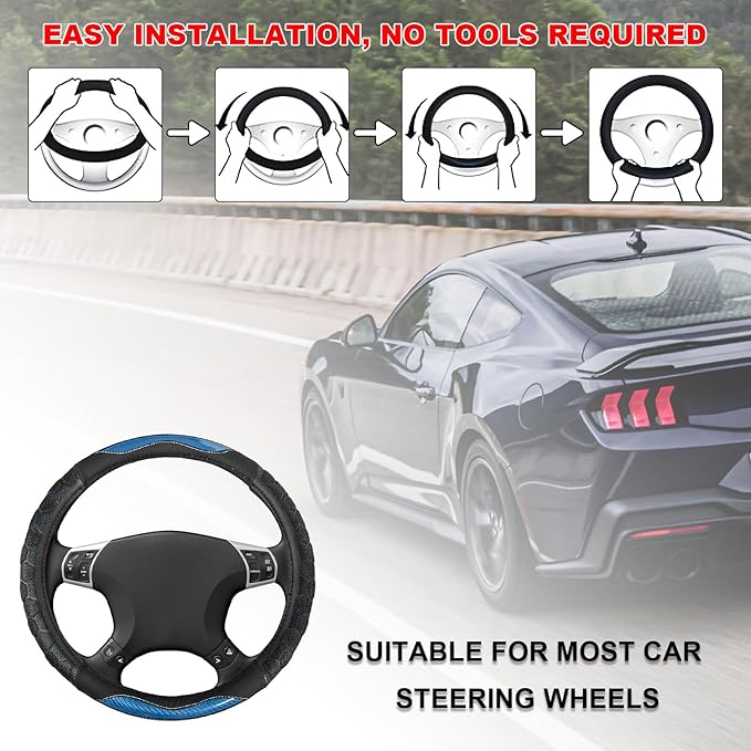 Carbon Fiber Steering Wheel Cover, Non-Slip Leather Steering Wheel Protector with 3D Honeycomb Design, Comfy Grip Breathable Sporty Auto Wheel Wrap for Most Cars Trucks SUVs (Sky Blue)