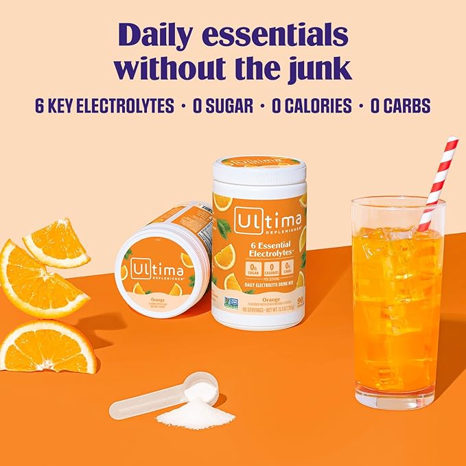 Ultima Replenisher Daily Electrolyte Powder Drink Mix – Sugar Free – Orange, 90 Servings – Hydration Powder with 6 Key Electrolytes and Trace Minerals – Keto Friendly, Vegan, Non-GMO