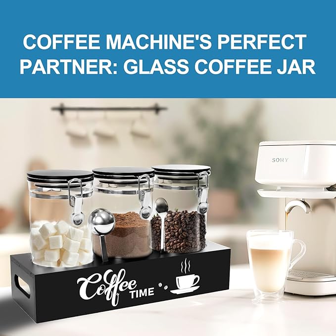 3PCS Glass Coffee Containers with Shelf, 54 oz Coffee Storage Container, Coffee Bean Storage Canisters with Airtight Locking Clamp Lid Spoons for Coffee Beans, Nuts, Sugar