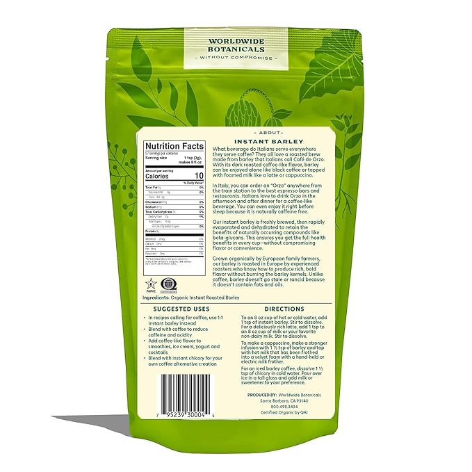 Worldwide Botanicals Organic Barley, Instant – 57 Servings – Italy’s Orzo, their Favorite Coffee Alternative – Caffeine Free, Acid Free, Kosher, 6 Ounces