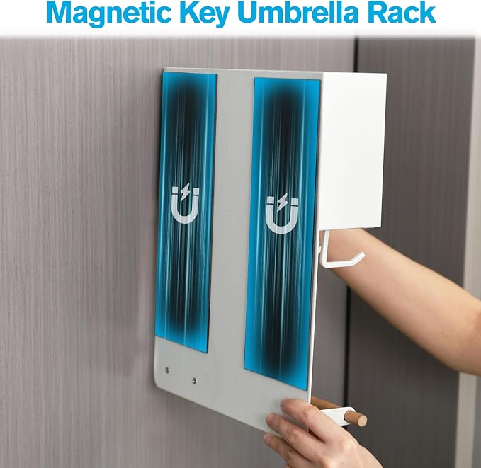 Magnetic Key Holder & Umbrella Holder for Wall, Multi-Functional Entryway Shelf for Tissues. Sturdy Hooks for Keys, Bags. Space Saving Organizer for Apartment, Dorm Room (White)
