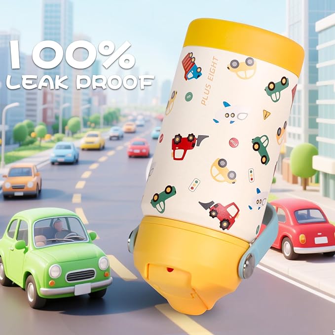 Kids Insulated Water Bottle with Straw Lid, 12 oz BPA-FREE Double Wall Vacuum Tumbler 18/8 Stainless Steel Leak Proof Kids Cups with Straw for School Travel Boys Girls (Yellow-Cars)