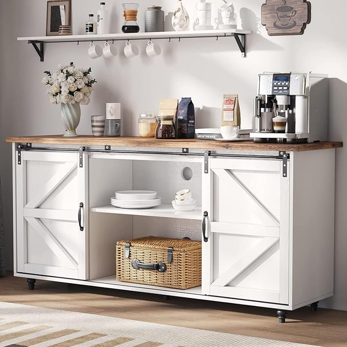 4ever2buy Farmhouse Coffee Bar Cabinet with Storage, 58'' Sideboard Buffet Cabinet with Sliding Barn Door, White Coffee Bar with Gourd Feet, Farmhouse Cabinet for Living Room