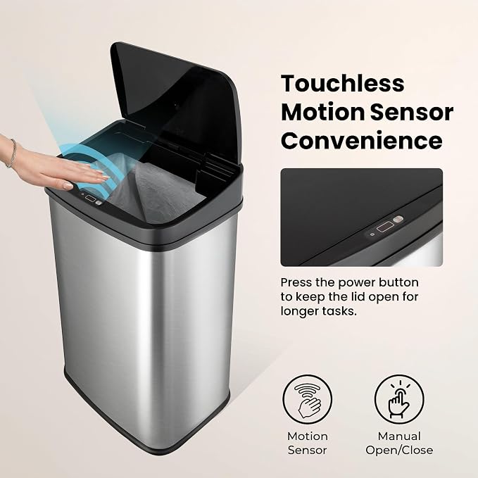 Ninestars 13 Gallon Automatic Trash Can, 50L Touchless Motion Sensor Garbage Can with Odor-Sealing Lid, Rectangular Stainless Steel, Black Trim