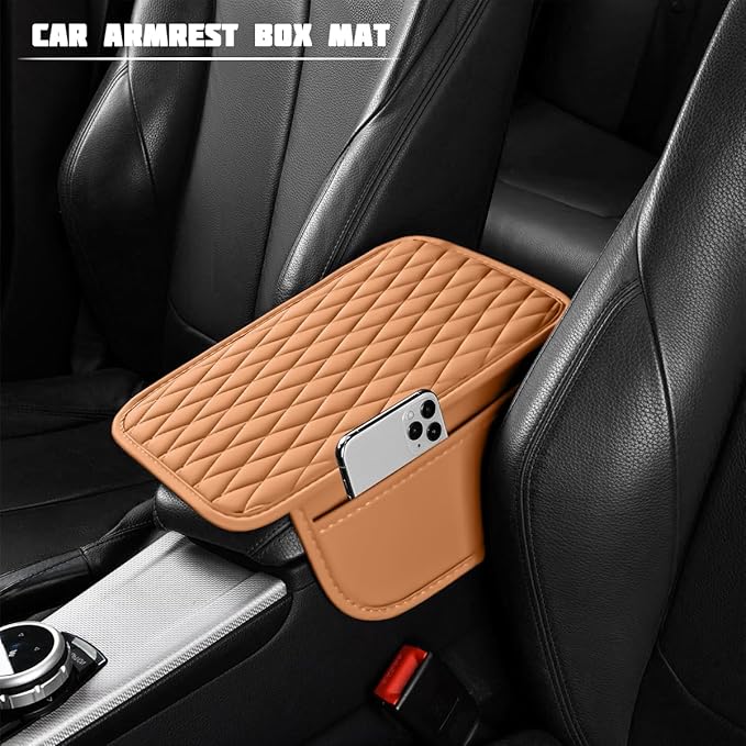 Car Armrest Cushion Pad, Leather Vehicle Center Console Cover with 2 Storage Bags, Non-Slip Automotive Interior Arm Rest Seat Box Cover Accessories, Universal for SUV RV Sedan (Orange)