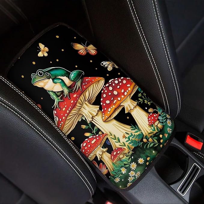 Mushroom Frog Car Armrest Pads Car Armrest Cushion Arm Rest Covering Car Middle Console Covers Non Slip Universal Fit for Truck Auto SUV Car Accessories
