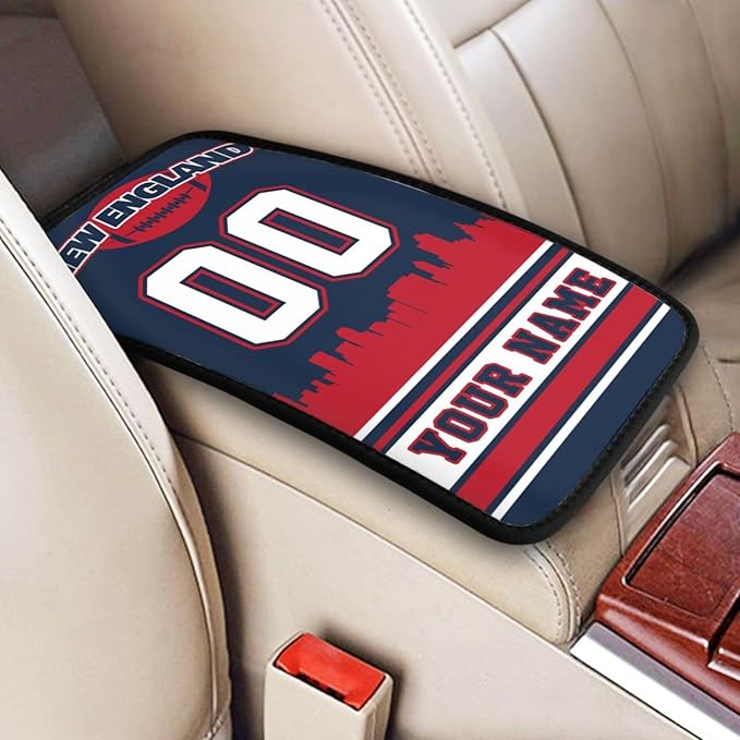 Custom New England Car Armrest Covers Personalized Football Style with Name Number Customized Auto Center Console Pad Car Handrail Box Cushion for Most Vehicle Decor Accessories, Fans Gift