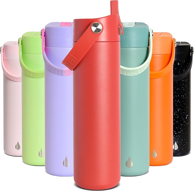 Elemental 24oz Insulated Water Bottle with Straw - 100% Leak-Proof Stainless Steel Core Water Bottles for Travel, Sports and Gym - Double Wall Insulation & BPA Free - Red