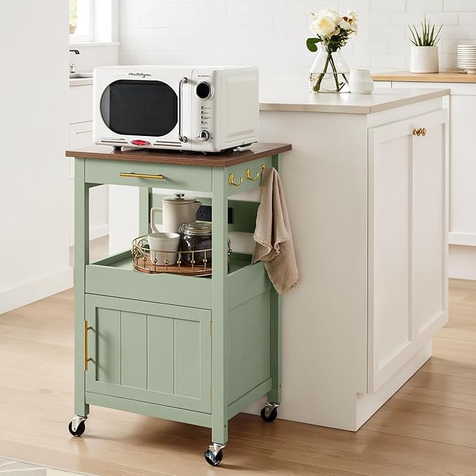Best Choice Products Rolling Kitchen Island Cart, Single Door Cabinet W/Drawer, Sliding Tray, Outlet, Swivel Lockable Wheels, Hooks, Coffee Cart, Microwave Stand, for Dining Room - Pistachio Green