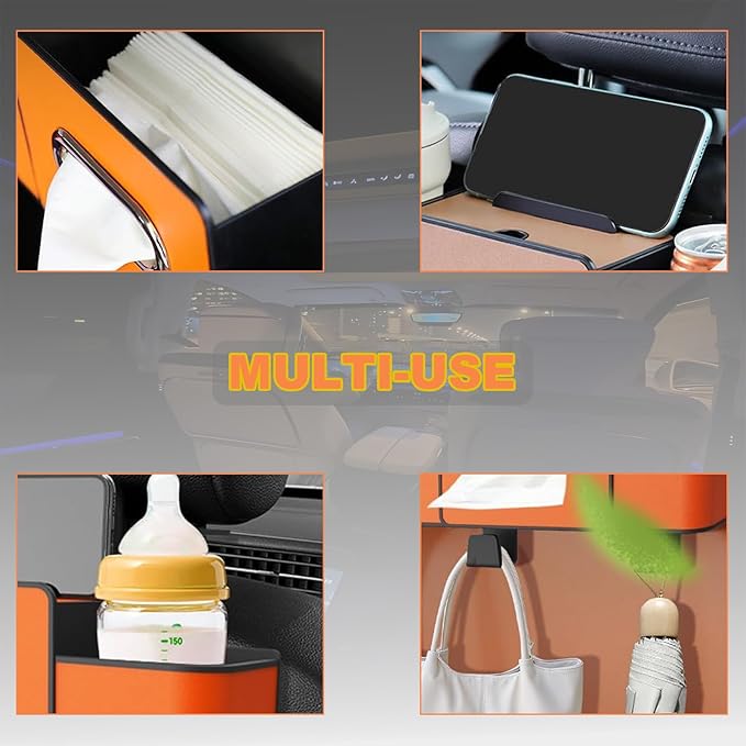 Car Back Seat Organizer, Multifunctional Car Seat Back Storage Box with 2 Cup Holders, Tissue Box for Hold Phones,Snacks, Drinks, Handbags (Black)