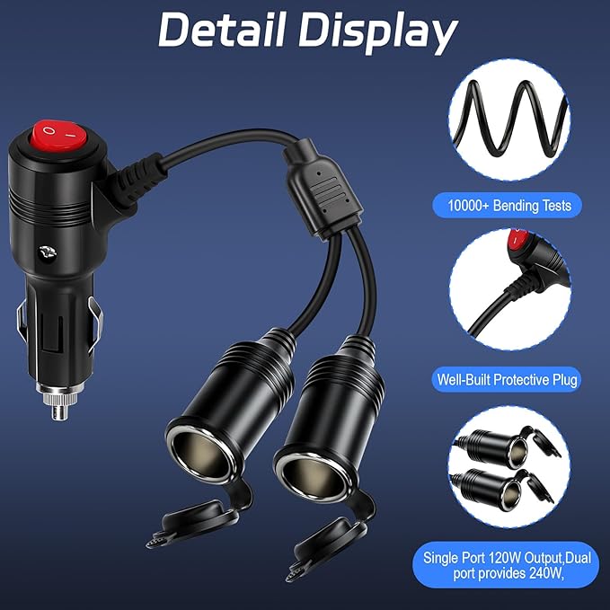 Cigarette Lighter Splitter ， 12v Splitter,Dual Cigarette Lighter adapters for Cars,12V Cigarette Lighter Plug with on/Off Switch, Overload Protection & Extension Cord 15A Fuses (Black 2 Ports)