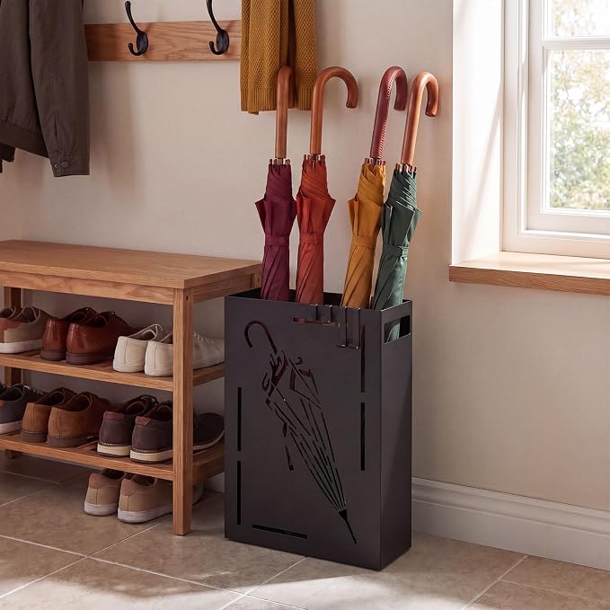 Goplus Metal Umbrella Holder, Rectangular Indoor Umbrella Stand Freestanding w/Removable Drip Tray, 4 Hanging Hooks, Heavy-Duty Umbrella Holders for Entryway, Home Office, 11 x 5 x 16 Inch, Black