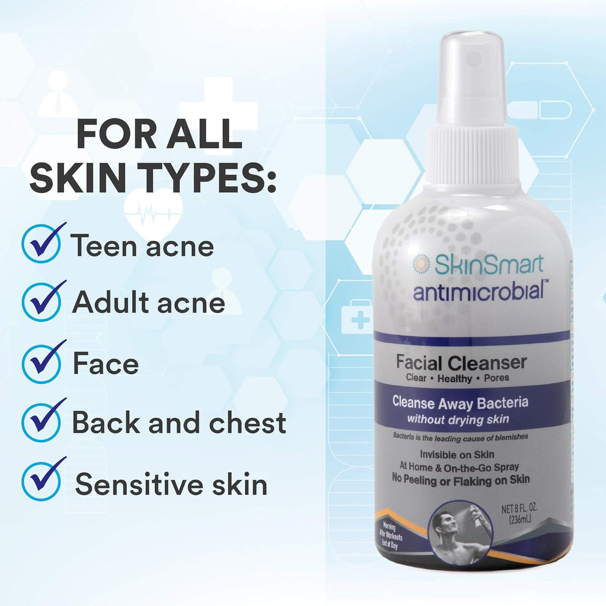 SkinSmart Antimicrobial Facial Cleanser for Breakouts & Blemishes; Hypochlorous Acid Formula Targets Bacteria to Reduce Skin Irritation and Flush Pores Clean, 8 oz Spray, All Ages & All Skin Types
