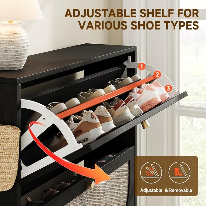 Nicetree Rattan Arched Accent Shoe Cabinet - Freestanding Ultra Slim for Entryway, 2 Flip Drawers & 3-Tier Adjustable Shelves, Farmhouse Modern Rustic Shoe Rack for Hallway Foyer Living Room, Black