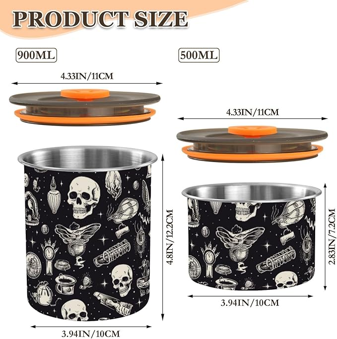 ALAZA Skull Witchy Kitten Cats Airtight Coffee Bean Canister Customed 900ml Food Storage Containers with Lids For Gournd, Tea, Sugar, Flour, Rice, Cereal, Candy Cookie Jar