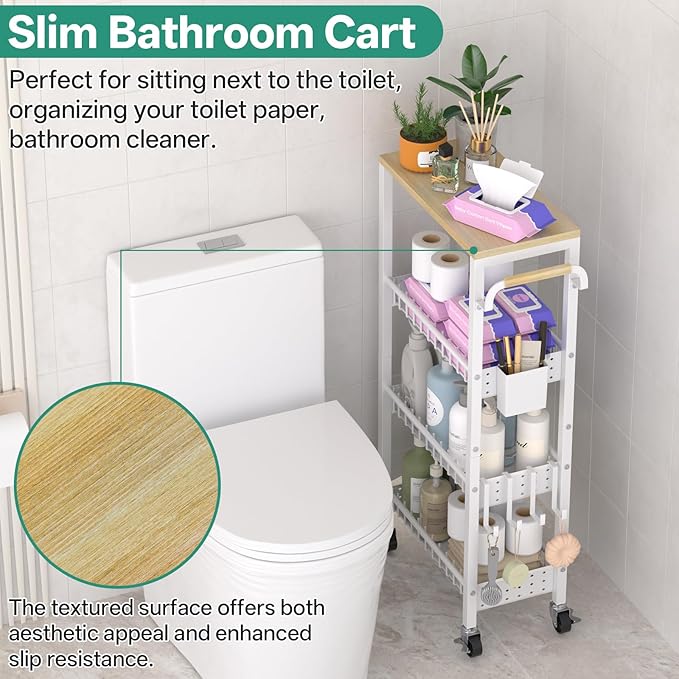 Laundry Room Organization Cart, 4 Tier Slim Rolling Cart for Small Narrow Spaces, Storage Shelf Cabinet with Wheels for Bathroom, Utility Room, Kitchen, Near Washer Dryer (9.1" W Overall)