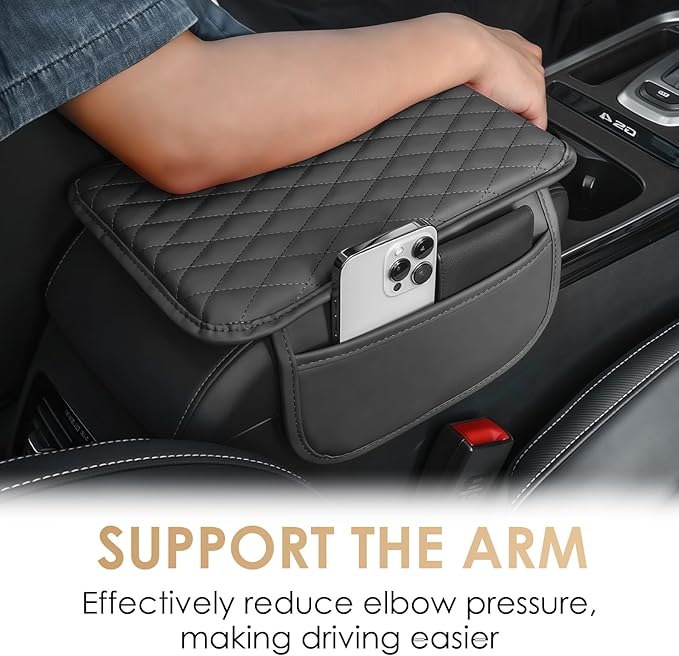 Car Center Console Cover, Leather Car Arm Rest Cover with 2 Storage Bags, Universal Auto Armrest Cushion Pad, Automobile Interior Accessories Protector for Most Vehicles, SUVs, Trucks (Black)