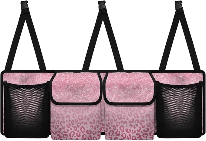 SEANATIVE Shiny Pink Leopard Car Trunk Organizer, Backseat Hanging Organizer with 4 Large Storage Bag Super Capacity -Trunk Organizer for SUV,Truck,Van -Your Space Saving Expert