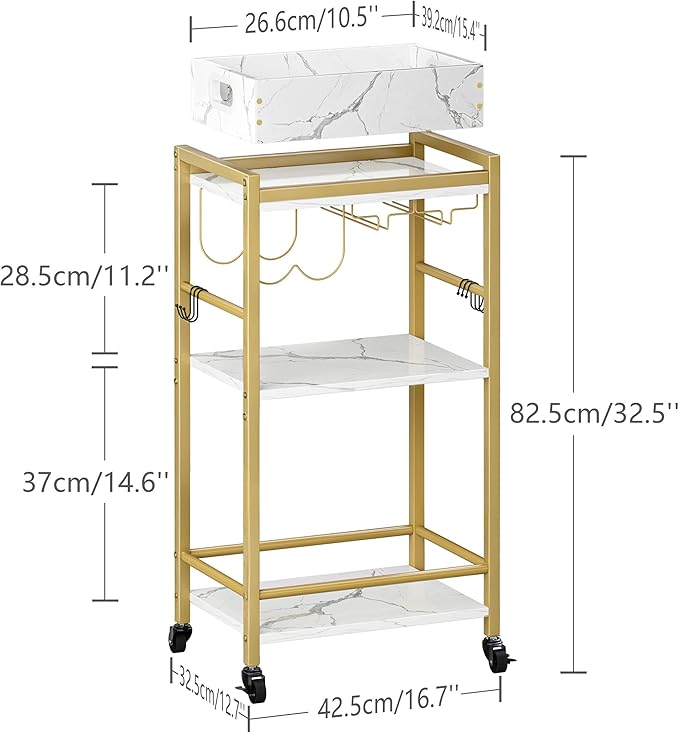 3-Tier Gold Bar Cart with Removable Tray, Small Bar Carts with Wheels, Rolling Beverage Cart, Drink Cart, Gold Wine Cart with Wine Rack for Kitchen, Living Room GBC513G