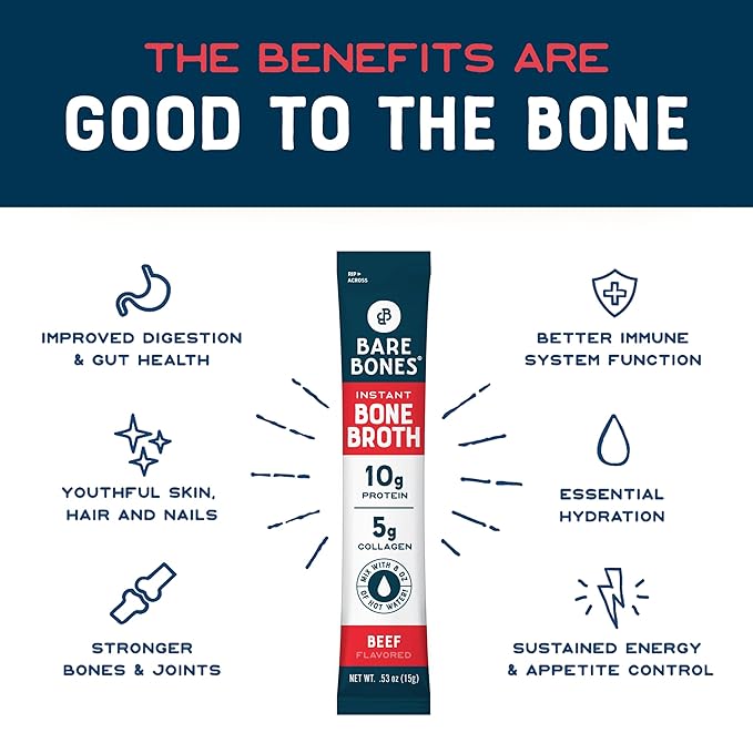 Bare Bones Beef Bone Broth Instant Powdered Mix Packets | 5g Collagen | 10g Protein | Keto & Paleo Friendly | No Artificial Flavors | Rich Savory on-the-go 16 Pack