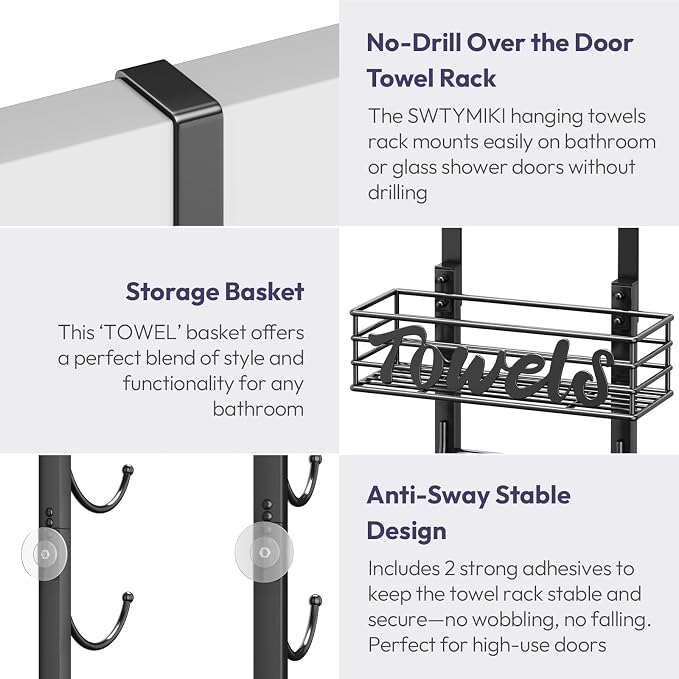 SWTYMIKI Hanging Towel Racks for Bathroom - 9 Tier Over the Door & Wall Mounted Bath Rolled Towel Storage Organizer Holder for Small Bathroom, RV, Camper, Black (Patented)