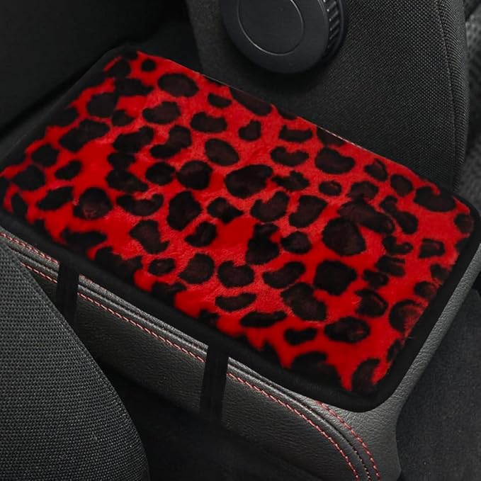 Craedli Leopard Print Car Center Console Cover, Fluffy Soft Car Arm Rest Protective Cushion with Elastic Band, Comfortable Warm Auto Interior Armrest Box Decoration Pad for SUV Truck (Red)