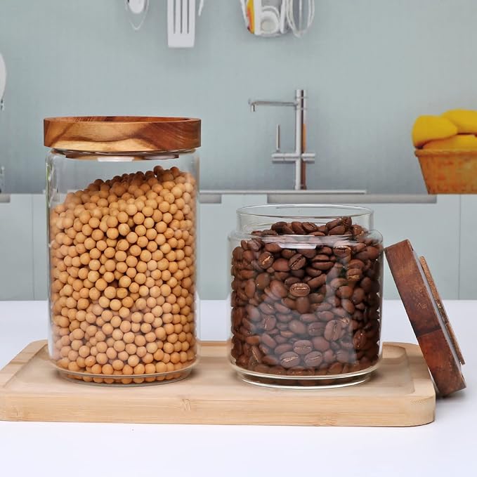Flrolove Glass Canisters With Wooden Lids Kitchen Jars for Storage,Tea,Sugar and Coffee Container Set,Set of 5 Canisters for Candy, Cookie, Rice and Spice Jars