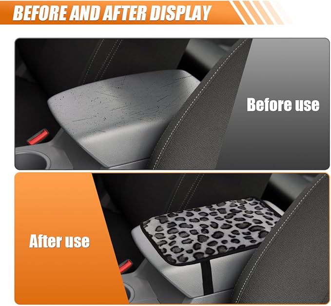 Craedli Leopard Print Car Center Console Cover, Fluffy Soft Car Arm Rest Protective Cushion with Elastic Band, Comfortable Warm Auto Interior Armrest Box Decoration Pad for SUV Truck (Gray)