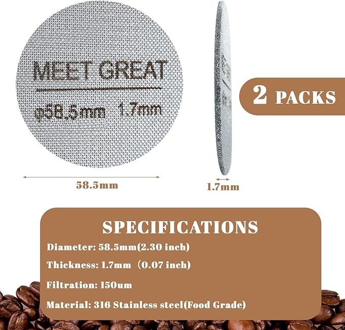 Meet Great- 2 Packs 58.5mm Espresso Puck Screen, 1.7mm Thickness 150μm 316L Stainless Steel, Upgraded Reusable Coffee Filter Screen for 58.5mm Breville Portafilter Filter Basket
