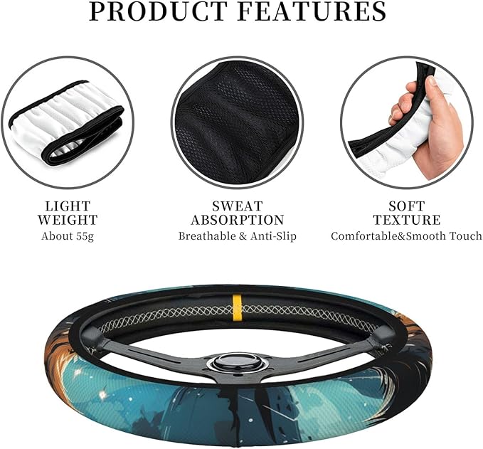 Steering Wheel Cover Polyester Thick Non-Slip Car Steering Wheel Cover Protector Universal 15 Inch, A Wolf That overlooks Everything
