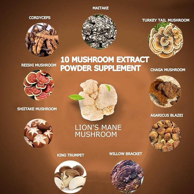Mushroom Coffee, 10 Mushroom Extract Powder Blend Lion's Mane, Reishi, Chaga, Cordyceps, Turkey Tail, Brain Supplements with Instant Coffee for Energy, Focus, Memory and Immunity 150g